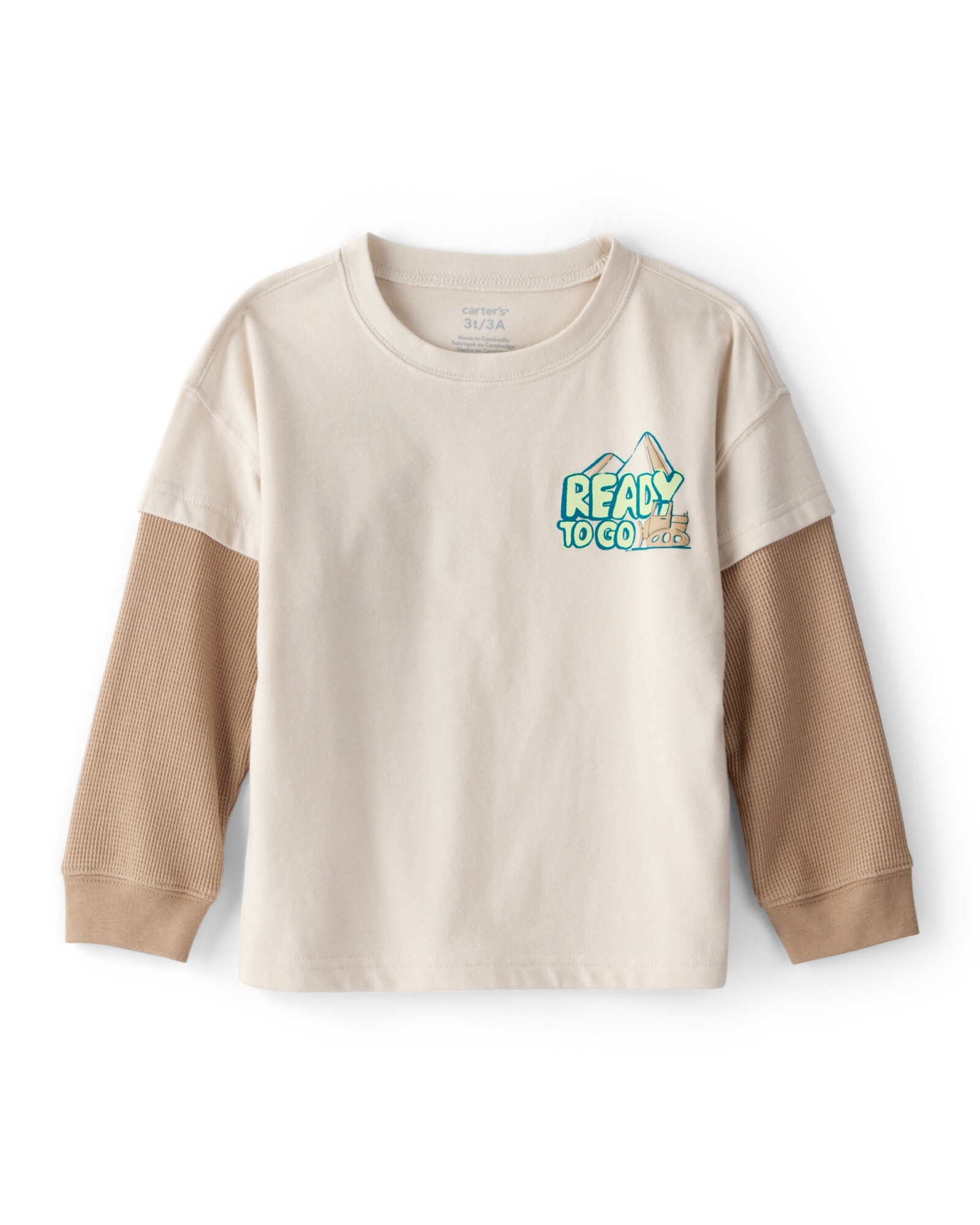 Remera de algodón, manga larga, beige, estampada Sin color