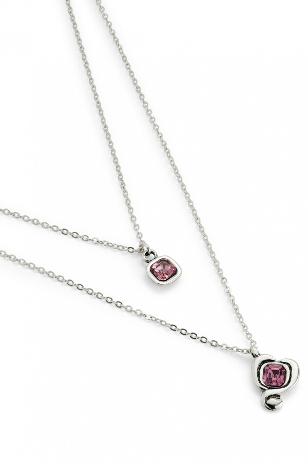 COLGANTE BAÑADO EN PLATA DE LEY CON DOBLE CADENA Y CORAZONES CON CRISTAL ROSA Colgante