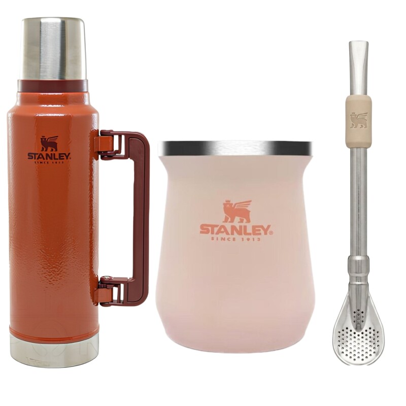Set Stanley termo de 1.4 lt + mate + bombilla Naranja + Rosa