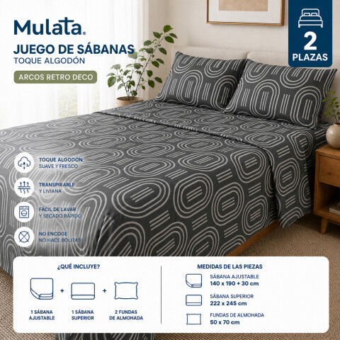 Juego De Sabanas 2 Plazas Toque Algodón Sommier Arcos Retro Deco Negro Gris Juego De Sabanas 2 Plazas Toque Algodón Sommier Arcos Retro Deco Negro Gris