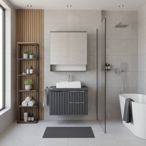 Mueble de Baño Suspendido Cecília (60cm) | Diseño Ripado, Bacha Cuadrada y Botiquín Mueble de Baño Suspendido Cecília (60cm) | Diseño Ripado, Bacha Cuadrada y Botiquín