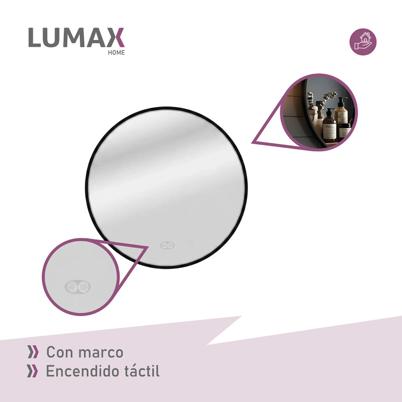 Espejo Lumax Doddy marco redondo con desempañador y luz 60cm Negro