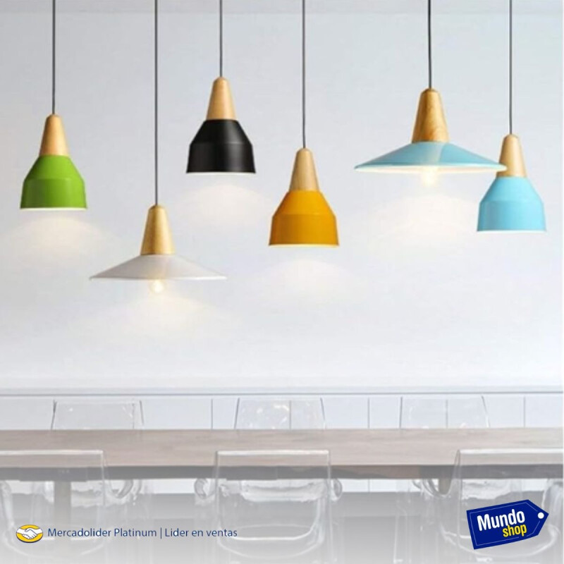 Lampara Colgante Metal Nordica Plato Deco Simil Madera Led Blanco