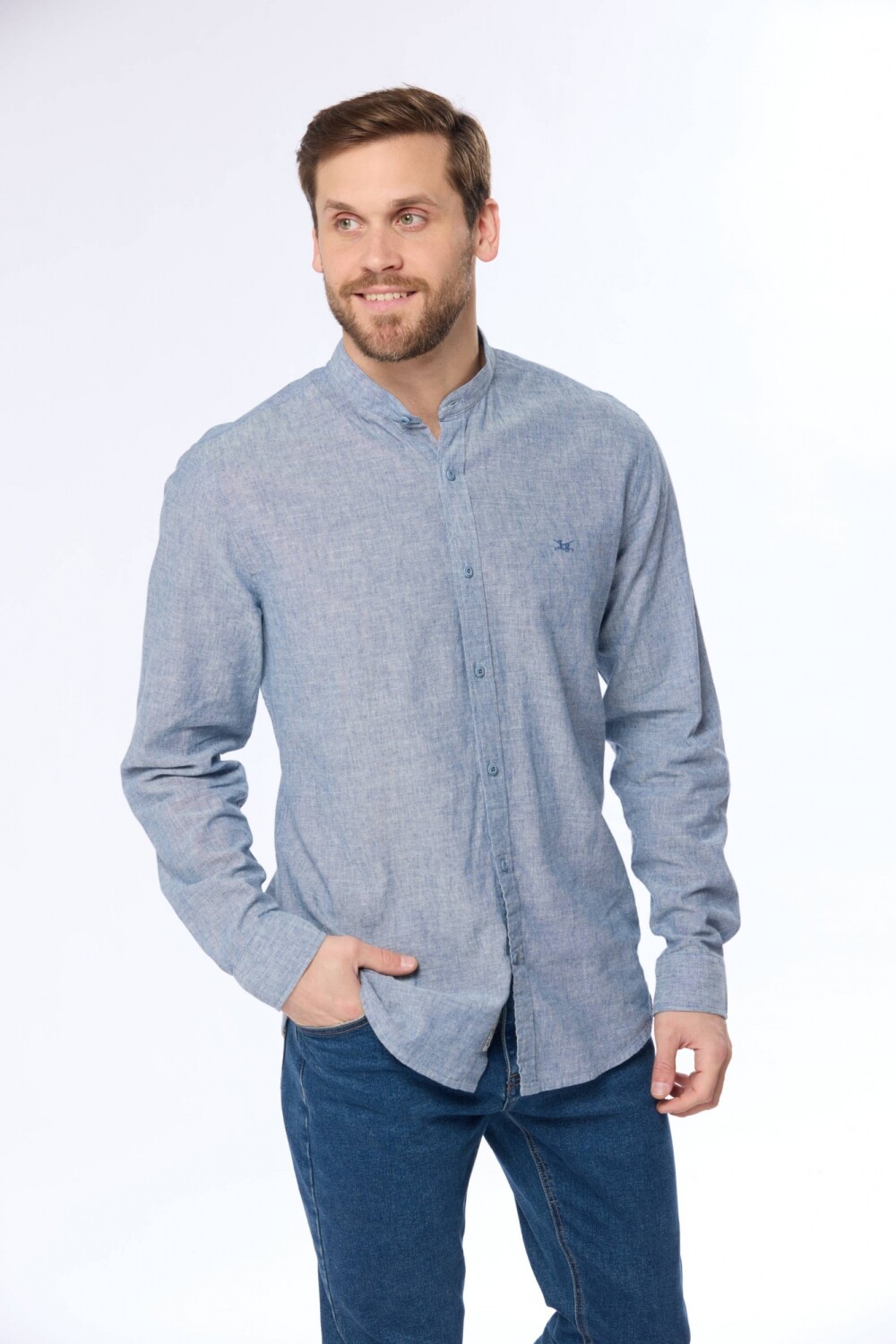 CAMISA DE LINO CUELLO MAO Azul