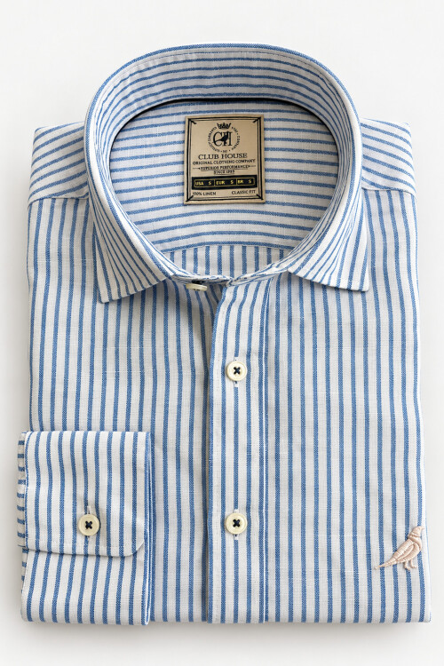 Camisa Lino Short Collar Rayas Azul Costa
