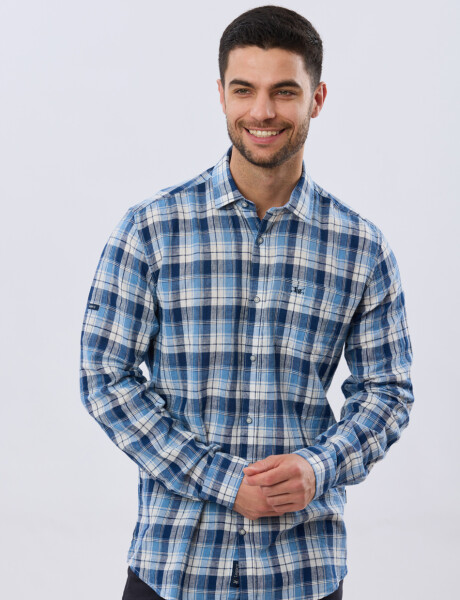 CAMISA CUADROS DE LINO Celeste