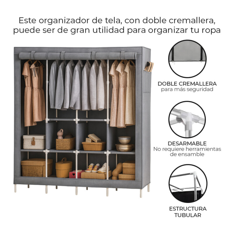Ropero 8 Estantes Desmontable Caño Y Tela Reforzado Gris Ropero 8 Estantes Desmontable Caño Y Tela Reforzado Gris