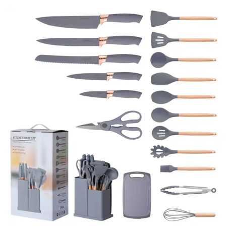 Set Cocina Menage 19Pz Utensillos Cuchillos Tabla c/Soporte Gris