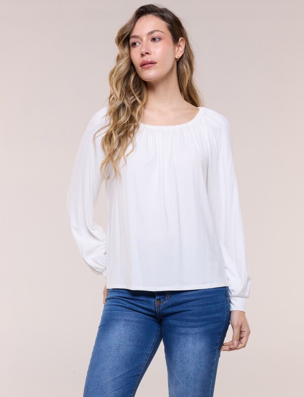 Blusa Modal Escote Fruncido Y Mangas Largas CRUDO