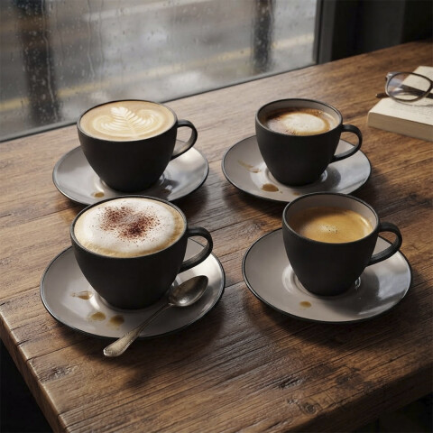 Set de Plástico de 4 Tazas de Café con Platillos NEGRO