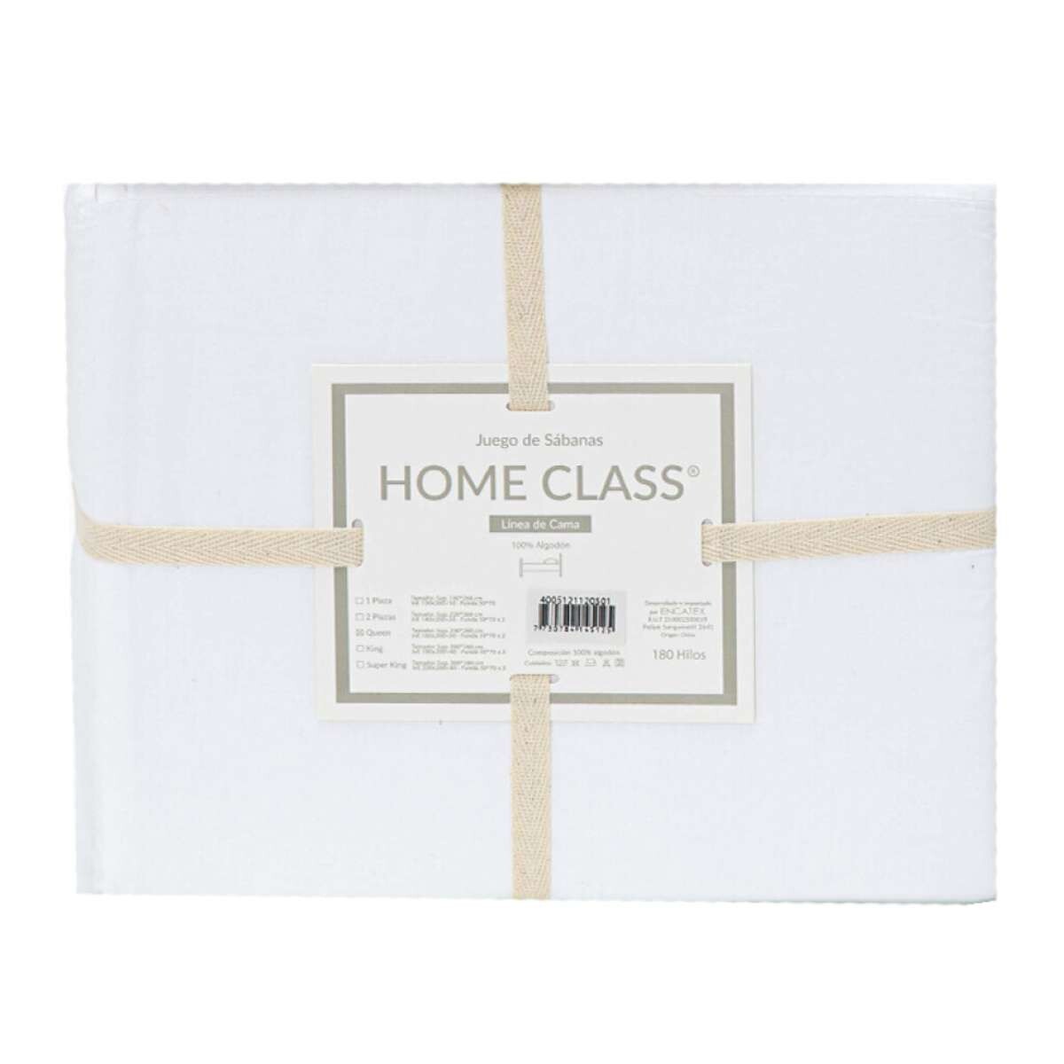 Juego Sábanas Queen Size Home Class Lisas 180 Hilos 100% Algodón - Blanco 