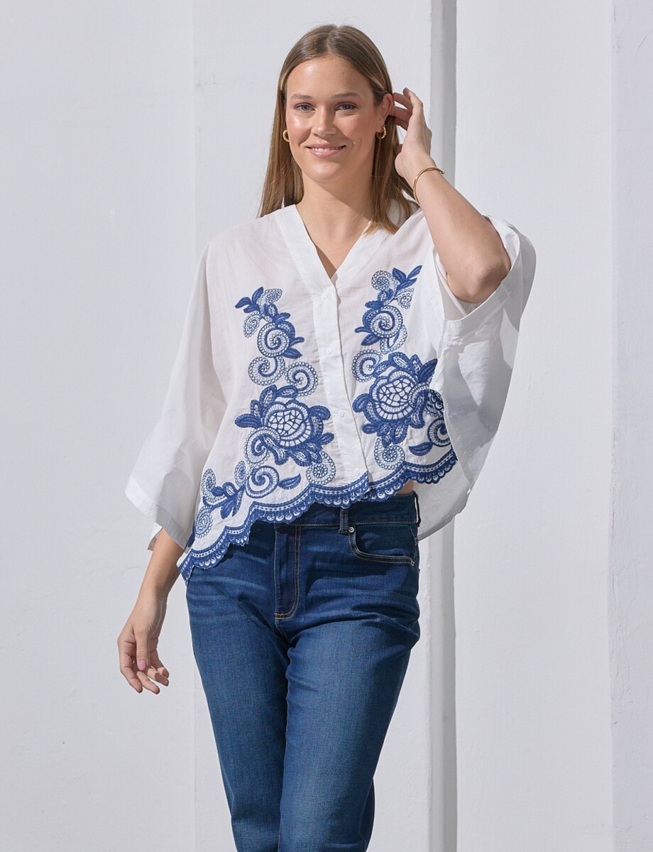 Blusa Bordada - Blanco/azul 