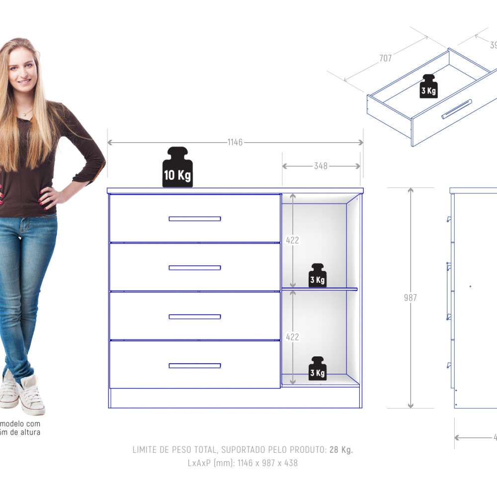 Cómoda Zapatera Genova Plus 1 Puerta 4 Cajones Oscuro