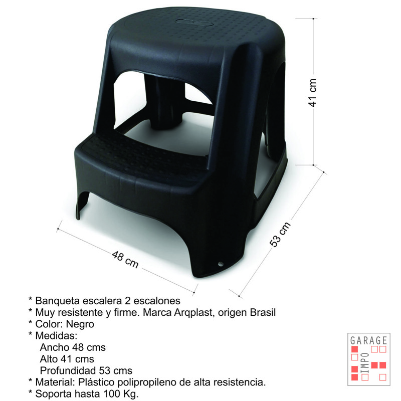 Banqueta 2 escalones soporta 100 kg NEGRO