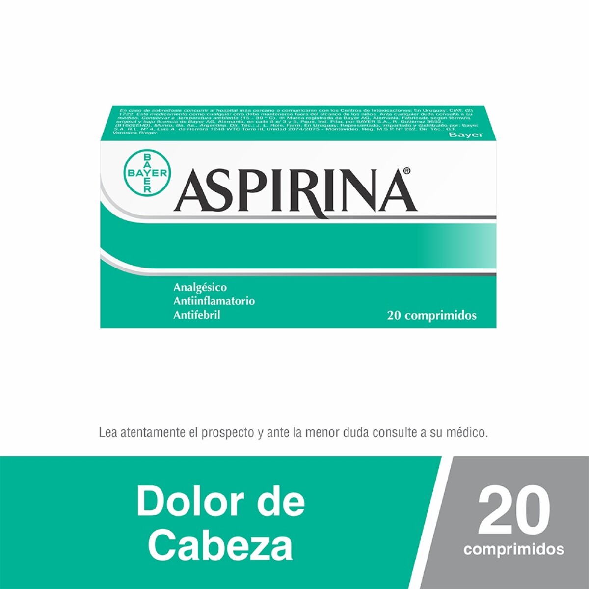 Aspirina Bayer Analgésico, Antiinflamatorio y Antifebril con Ácido Acetilsalicílico 500mg x 20 Comprimidos 