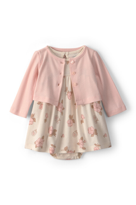 Set dos piezas de algodón, vestido floral y saco rosado Set dos piezas de algodón, vestido floral y saco rosado