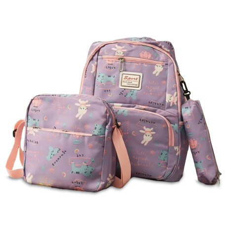 Set Mochila 3 Piezas Diseño Animalitos Escolar Resistente Lila