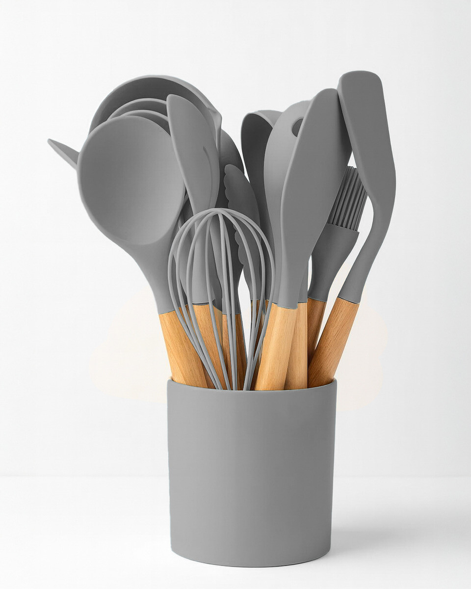 Set De Espátulas Cocina 12 Piezas Silicona Antiadherente Gris 
