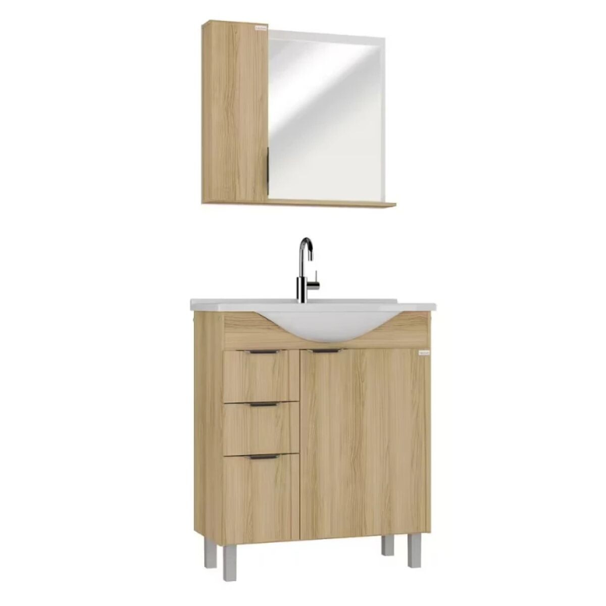 Mueble De Baño De Pie Crystal Roble 72 Cm Con Bacha De Resina Y Espejo Con Botiquín 