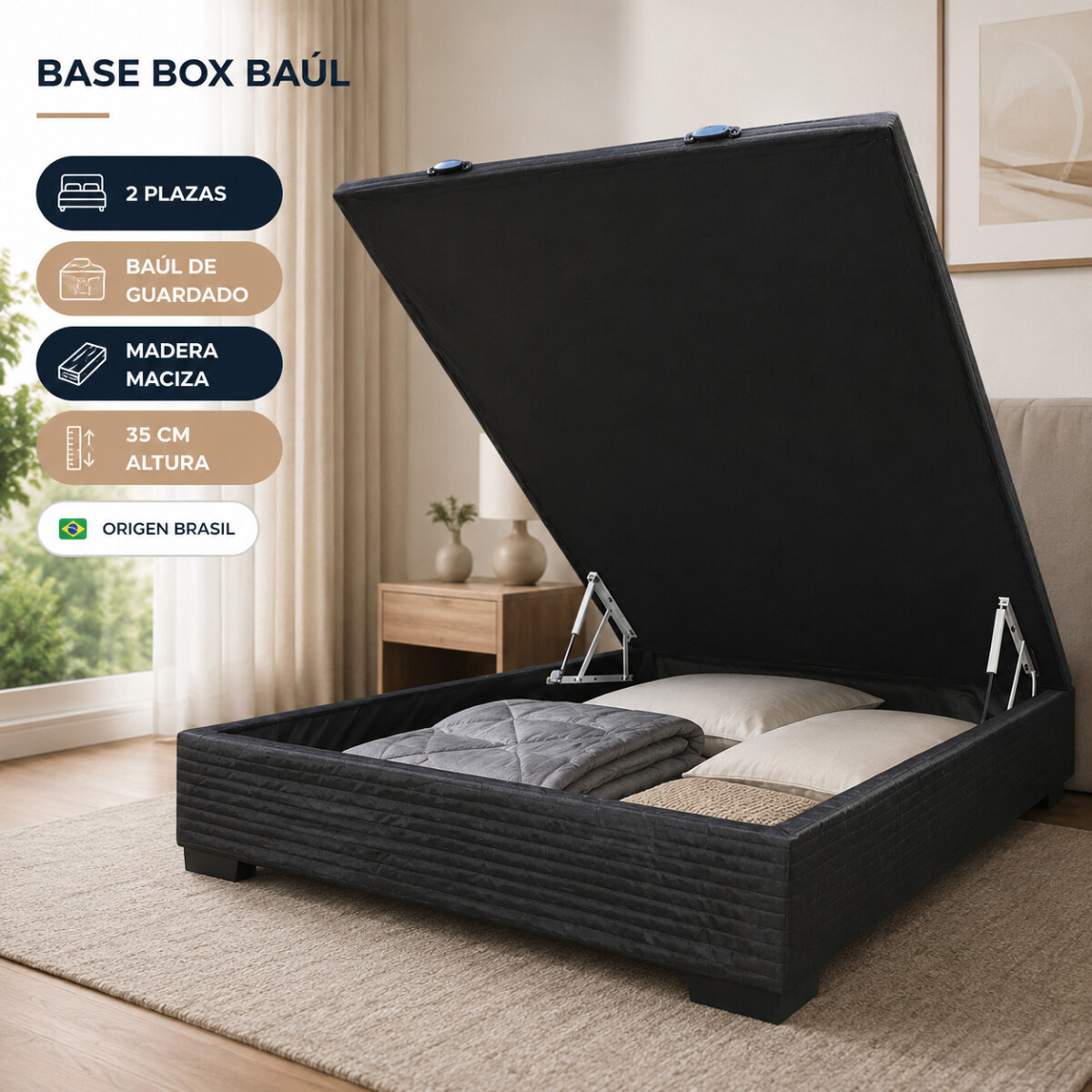 Base para Sommier Colchon Baul 2 Plazas - 138 x 188 x 35 cm - Estructura Madera Maciza - Negro 