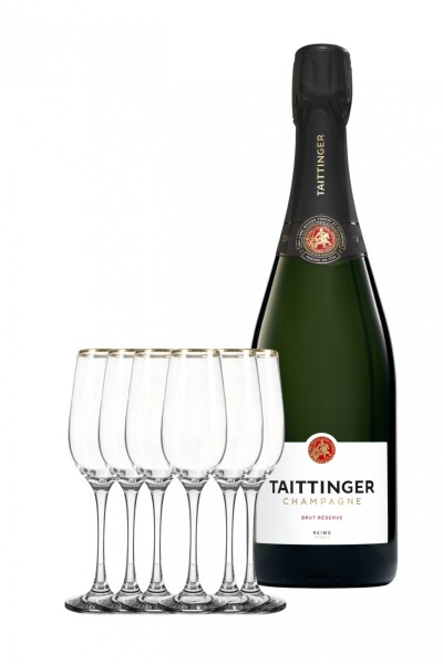 PACK TAITTINGER Brut Réserve 750ml. + 6 copas. PACK TAITTINGER Brut Réserve 750ml. + 6 copas.