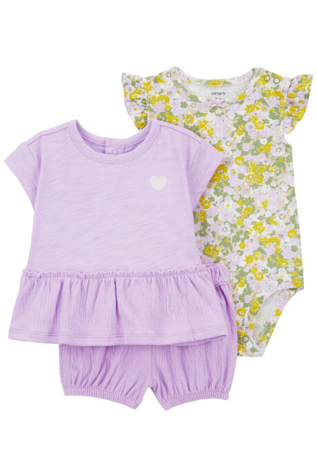 Set tres piezas de algodón, short y blusa con jersey arrugado más body Set tres piezas de algodón, short y blusa con jersey arrugado más body