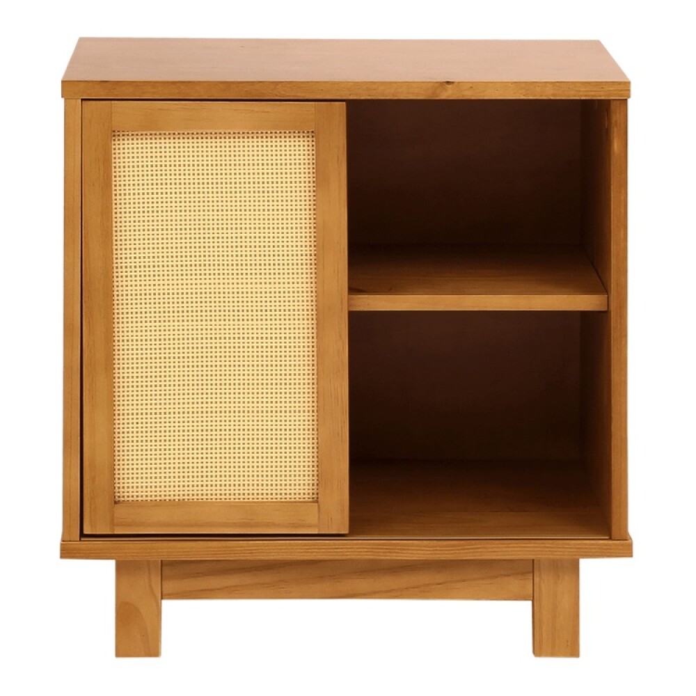 MESA DE LUZ DE MADERA CON PUERTA CORREDIZA DE RATÁN MESA DE LUZ DE MADERA CON PUERTA CORREDIZA DE RATÁN