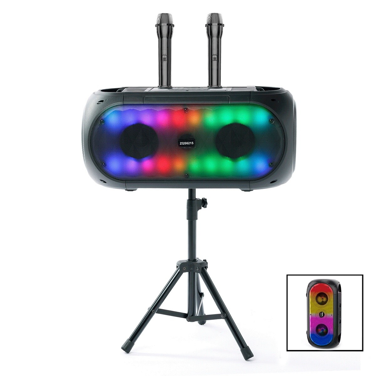 Parlante portatil bluetooth ZQS6215 luces horizontal con tripode, micrófono 
