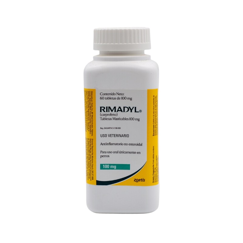 RIMADYL 100 MGS. ANTIINFLAMATORIO NO ESTEROIDEO. FRASCO DE 60 COMPRIMIDOS MASTICABLES RIMADYL 100 MGS. ANTIINFLAMATORIO NO ESTEROIDEO. FRASCO DE 60 COMPRIMIDOS MASTICABLES