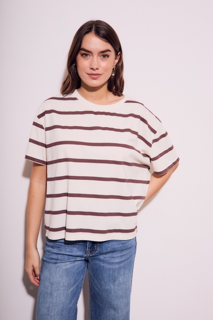 Remera Algodon Lavado Rayada Marron Marron