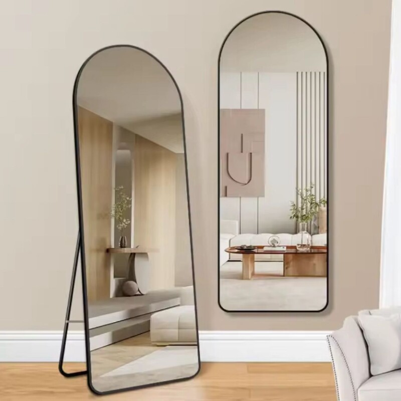 Espejo de Pie Rectangular con Borde Superior Redondo Negro