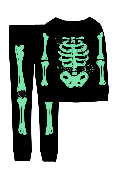 Pijama dos piezas de algodón, diseño esqueleto resplandeciente con fantasma y gato de Halloween. Talles 6-8 Sin color