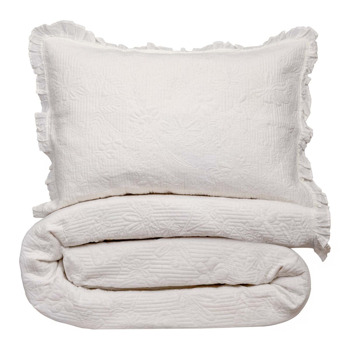 SET CUBRECAMA - QUEEN ALGODON BLANCO JACQUARD VOLANTE 