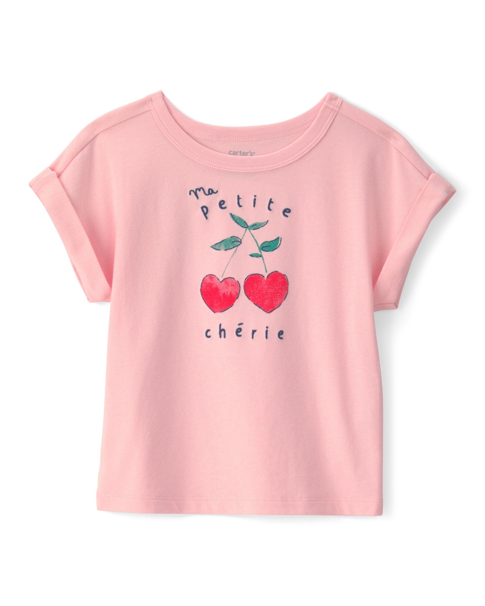 Remera de algodón, manga corta, rosada, estampa cerezas Sin color