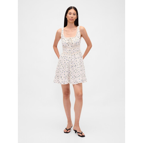 SL SCOOPNECK EMBRODIERY MINI DRESS WHITE FLORAL PRINT