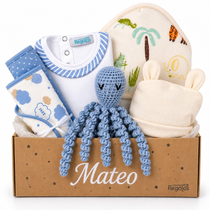 Ajuar Nacimiento Pulpo Crochet Personalizado – Celeste Ajuar Nacimiento Pulpo Crochet Personalizado – Celeste