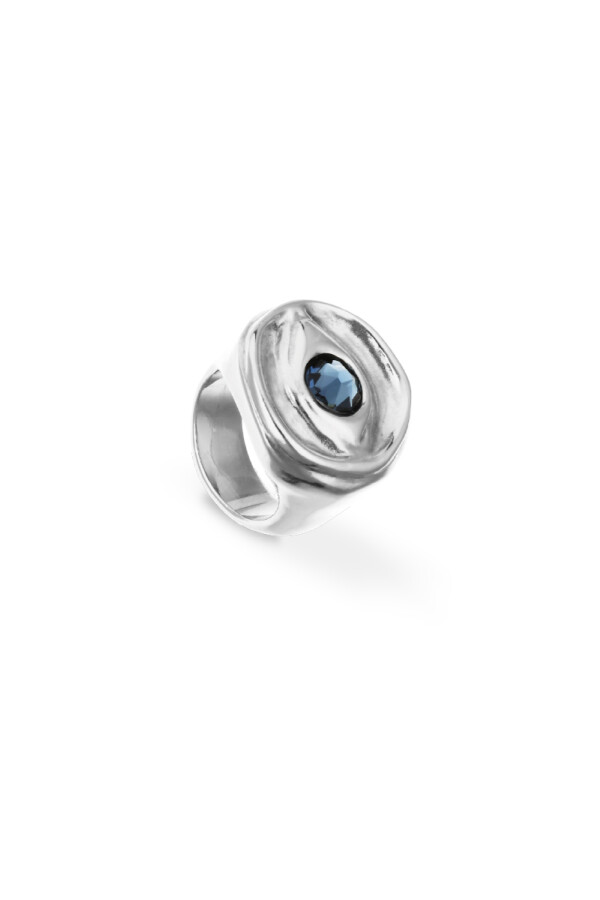 ANILLO TIPO SELLO EN ALEACIÓN DE METALES BAÑADO EN PLATA DE LEY EN FORMA DE OJO CON CRISTAL FACETADO AZUL Anillo
