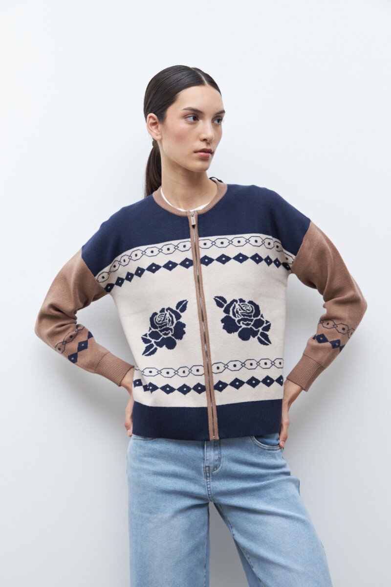 Chaqueta tejida jacquard azul marino