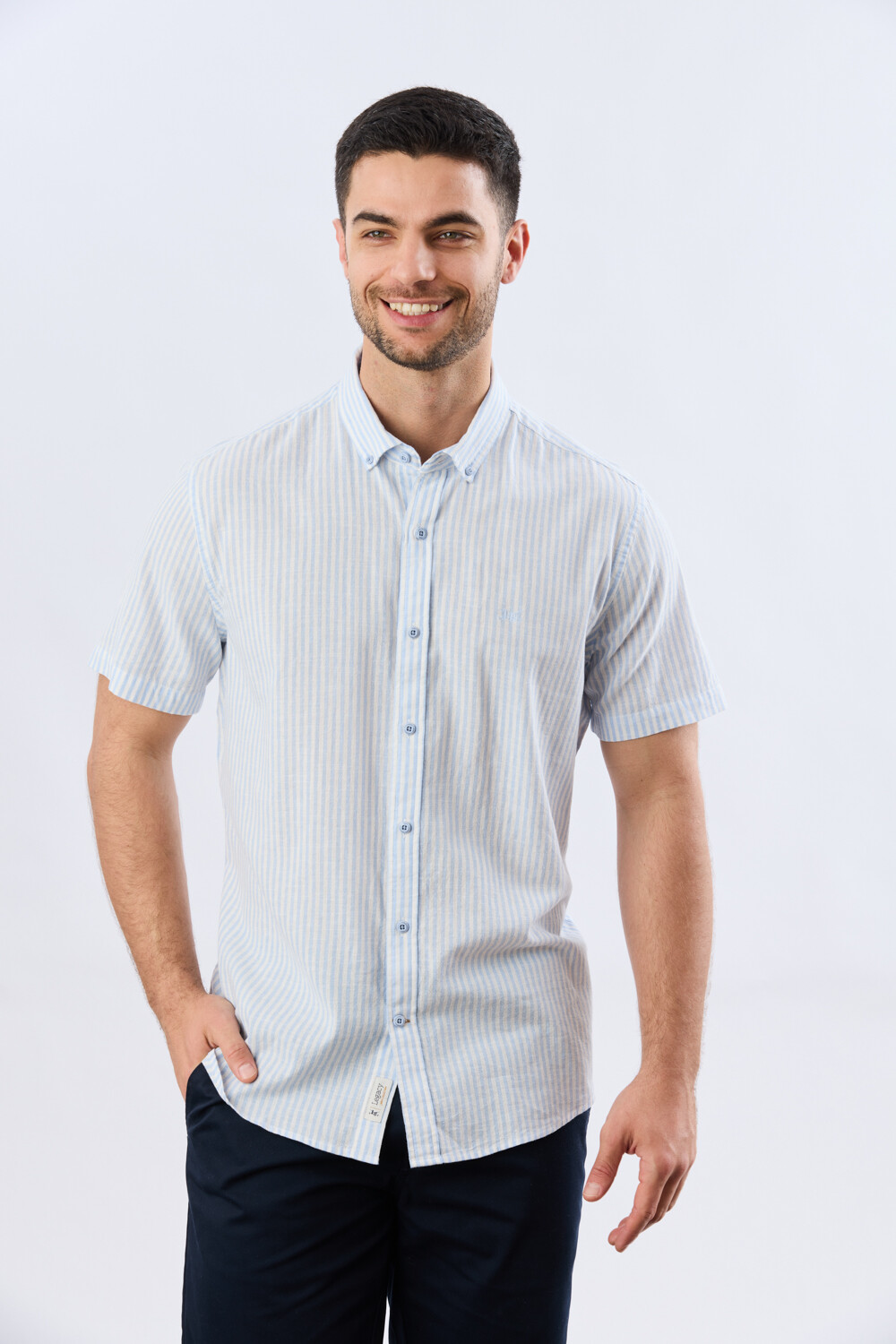 CAMISA RAYADA DE LINO Celeste