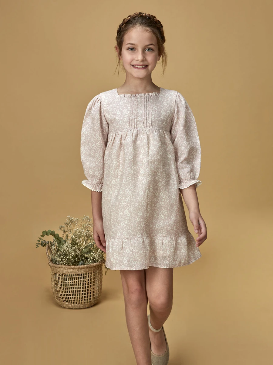 Vestido Lino Estampado Flores Rosa Suave