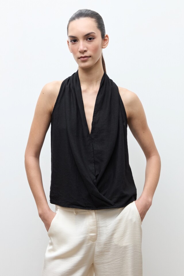 Blusa lino drapeada negro