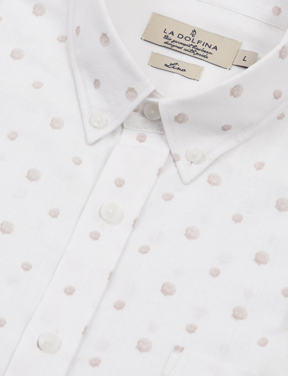 Camisa m/c lino estampada blanco/rosa