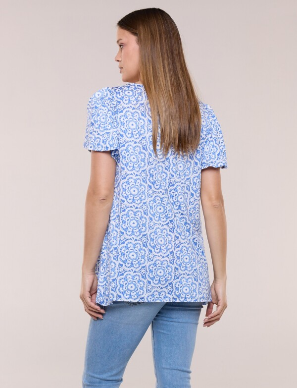 Blusa Mandalas Con Aplique étnico Y Mangas Volado BLANCO/AZUL