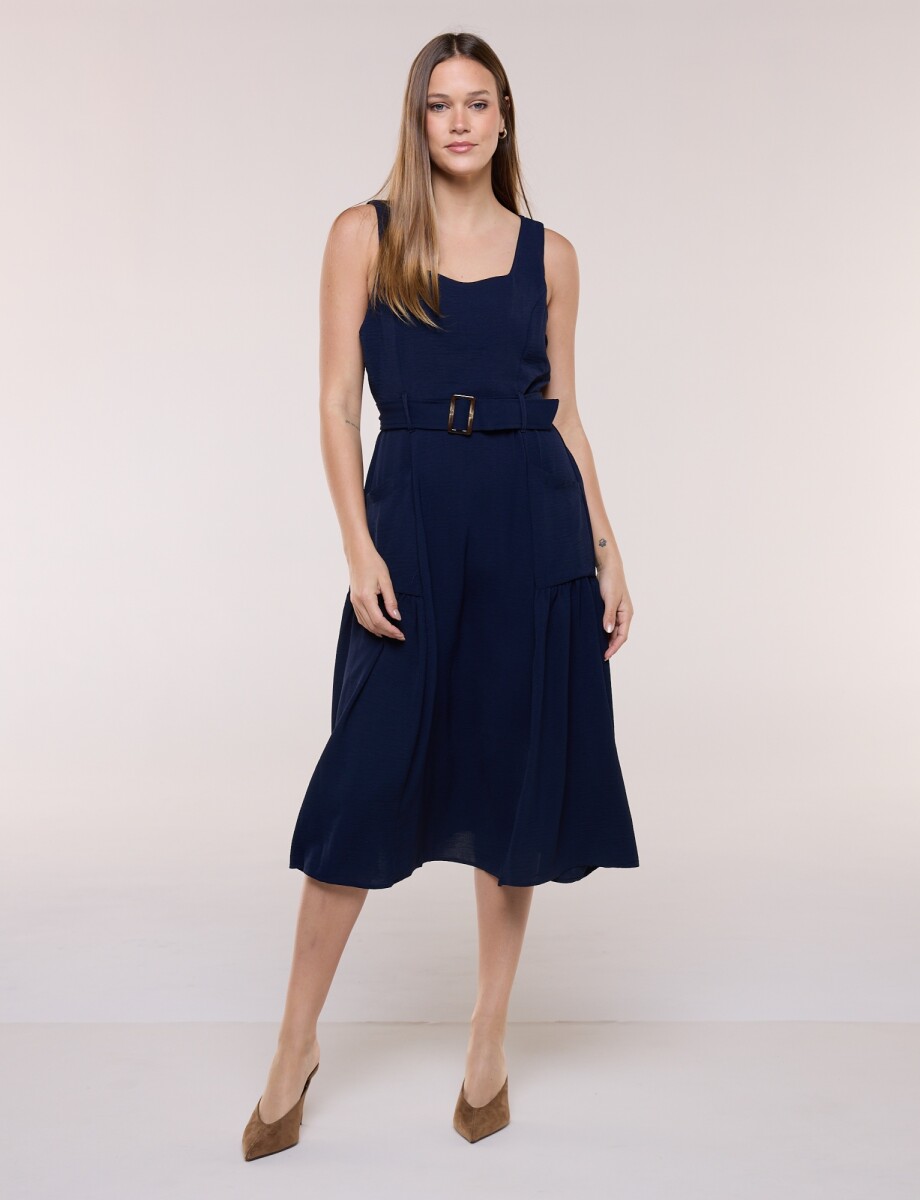 Vestido Midi Con Cinto - Azul 
