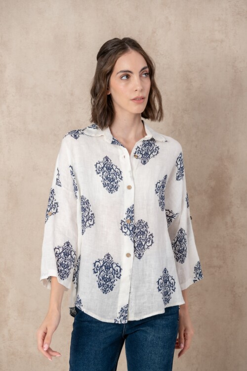 Camisa lino dama estampada Azul Marino