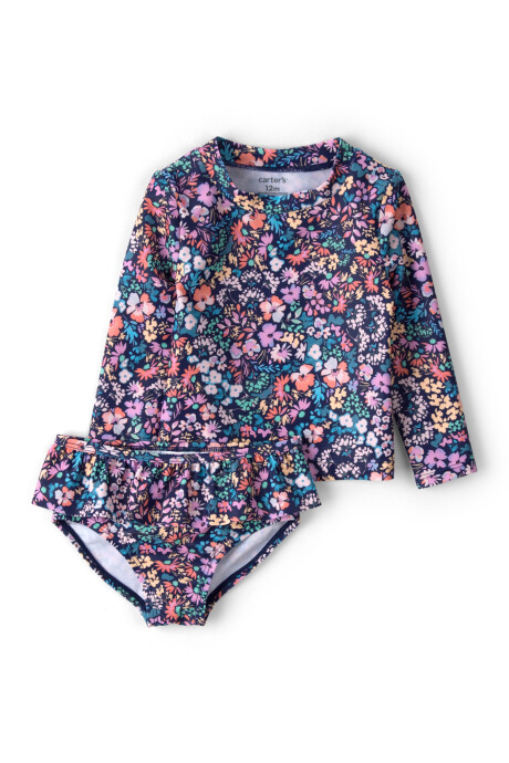 Malla de baño dos piezas, manga larga, con protección UPF 50+, diseño floral. Talles 3-24M Sin color