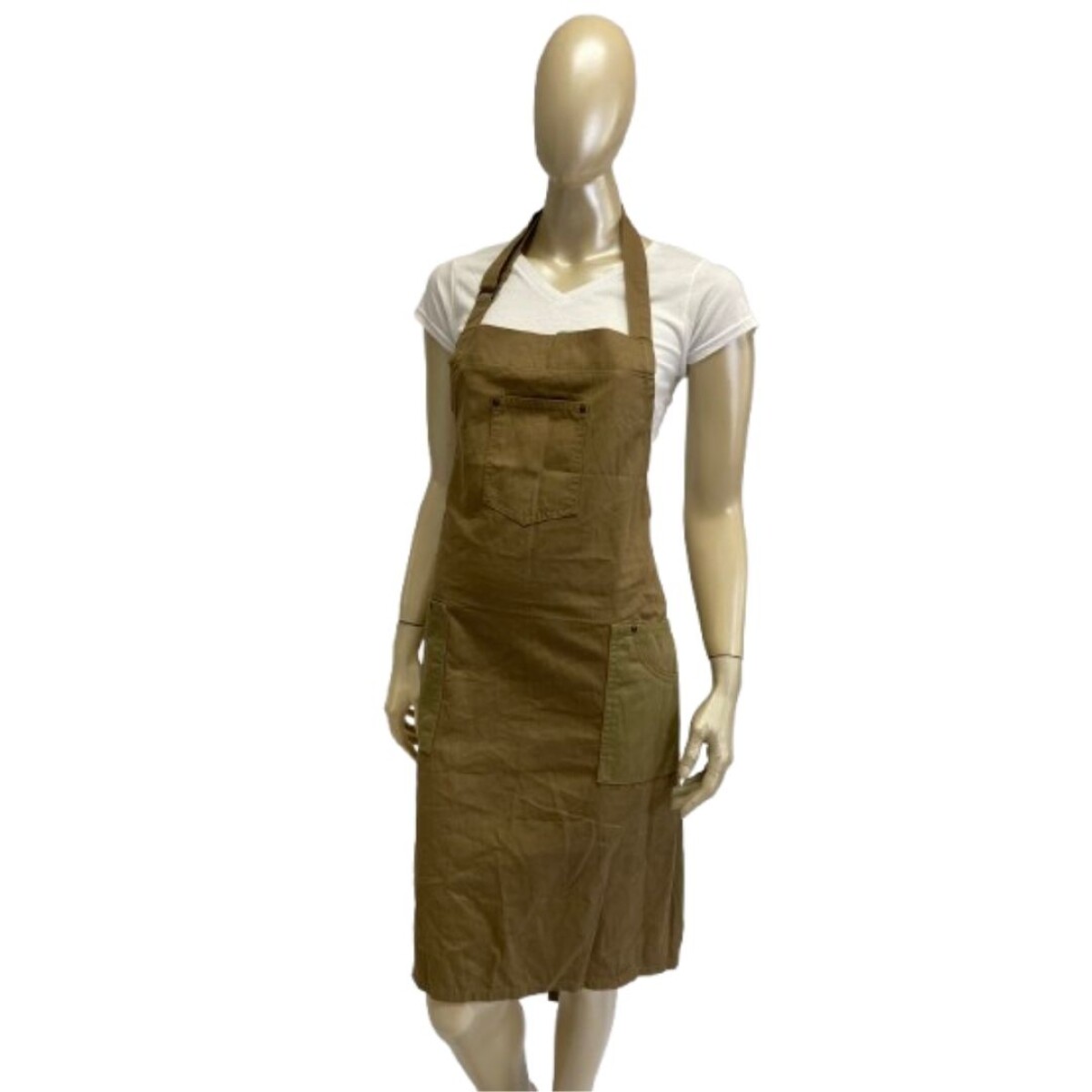 Delantal con peto, tres bolsillos, cuello y cintura ajustable - Khaki 