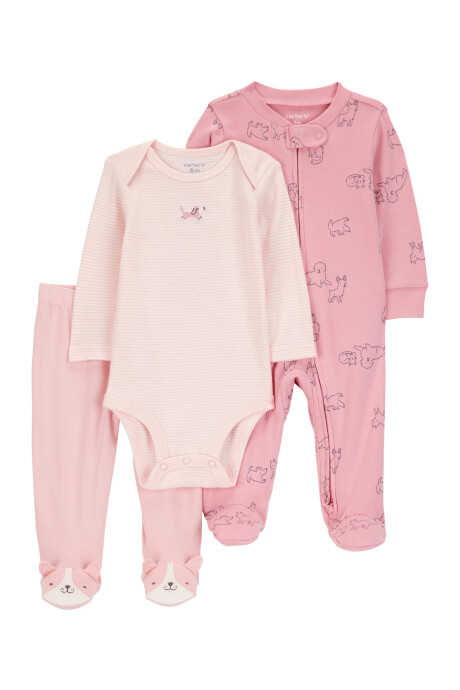 Set tres piezas de algodón, pijama, pelele y body, diseño perro Set tres piezas de algodón, pijama, pelele y body, diseño perro