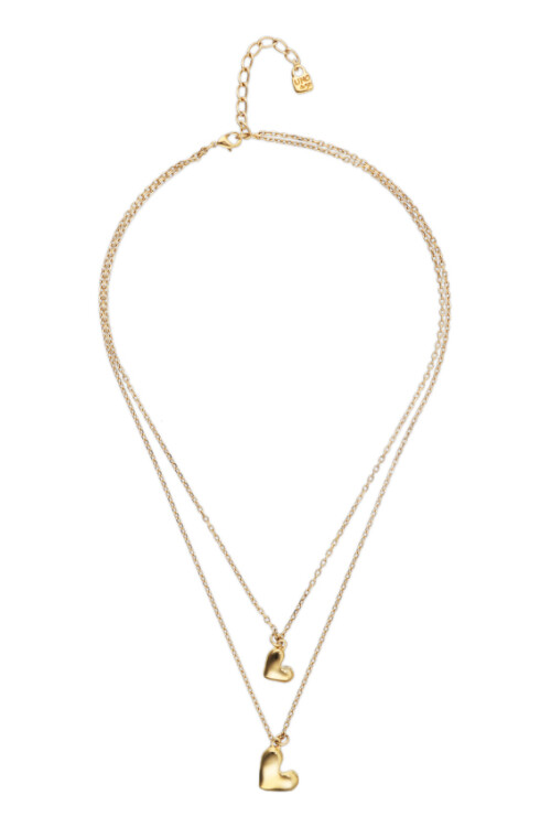 COLLAR DOBLE DE ALEACIÓN DE METALES BAÑADO EN ORO 18K CON DOS CORAZONES Colgante