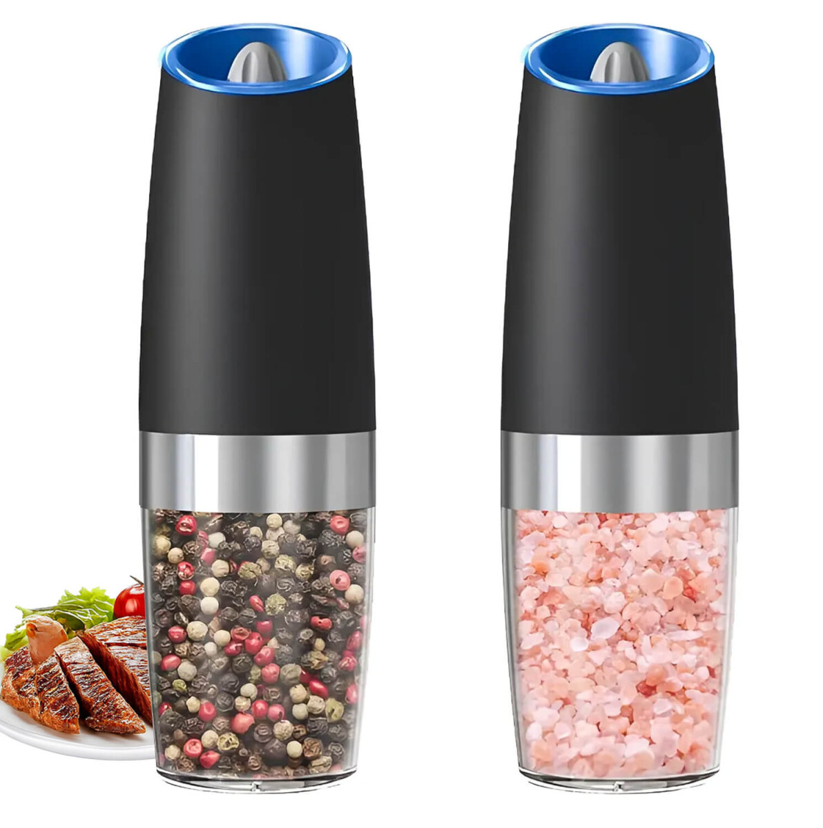 Juego de 2 Pimentero Salero molinillo Electrico con Luz Led Acero Inoxidable IMBACK Negro 